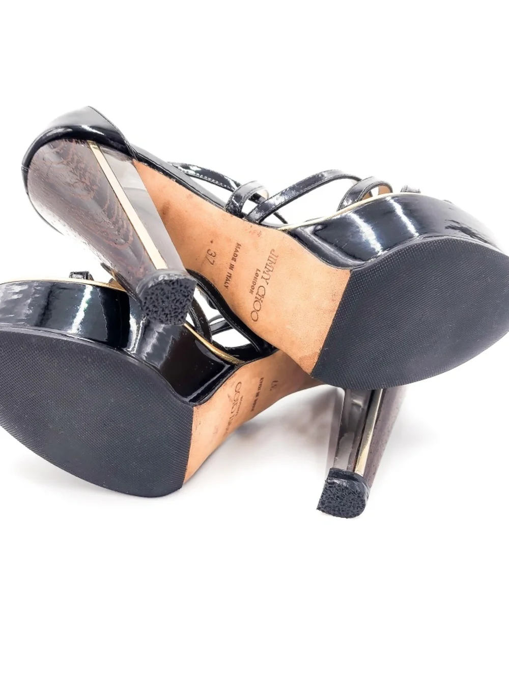 JIMMY CHOO Black Patent Leather Strap Lucite Platform Block Heel Sandals EU 37